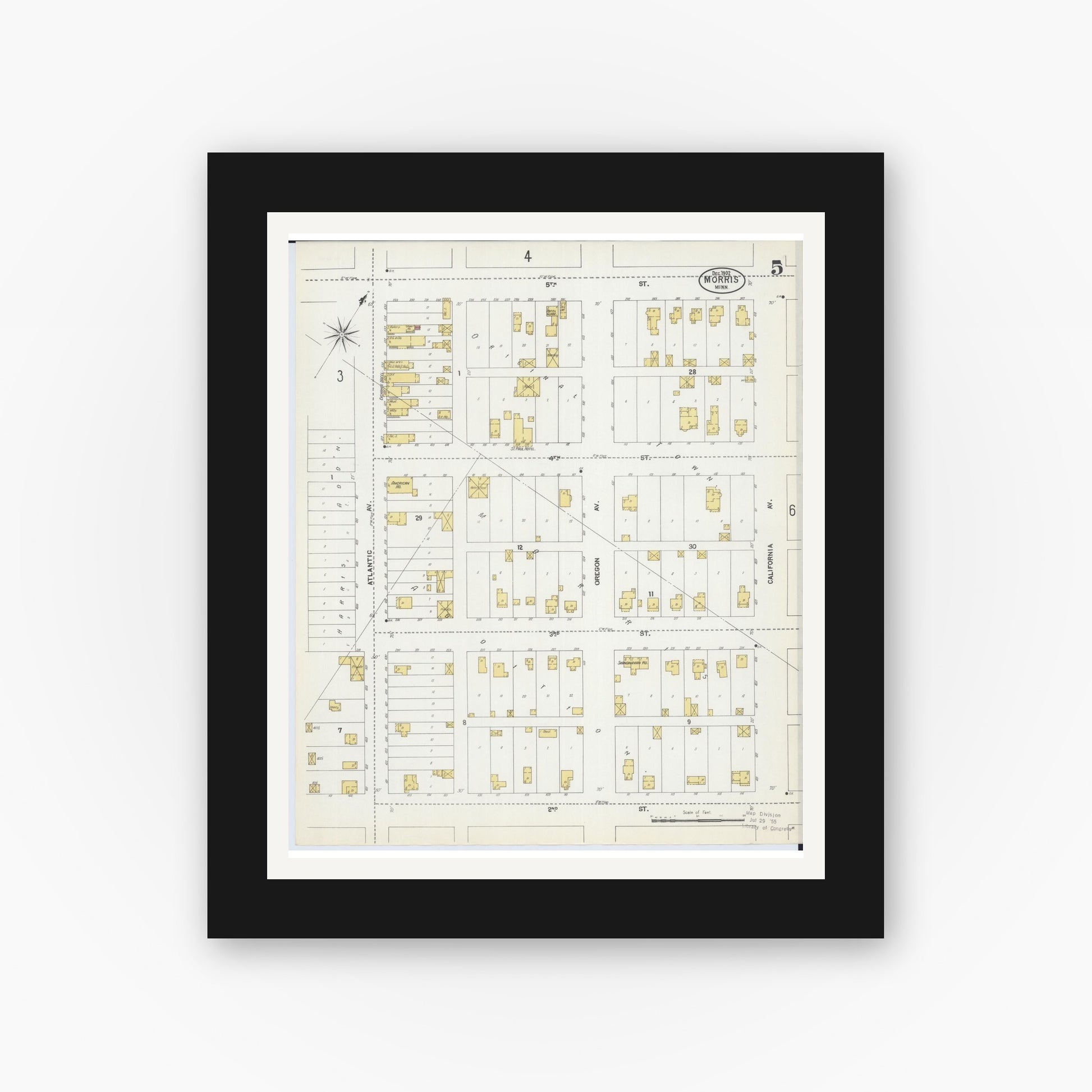 Old map wall art mockup — black gallery frame with white mat — Sanborn Fire Insurance Map from Morris, Stevens County, Minnesota (1902), Sheet #0005