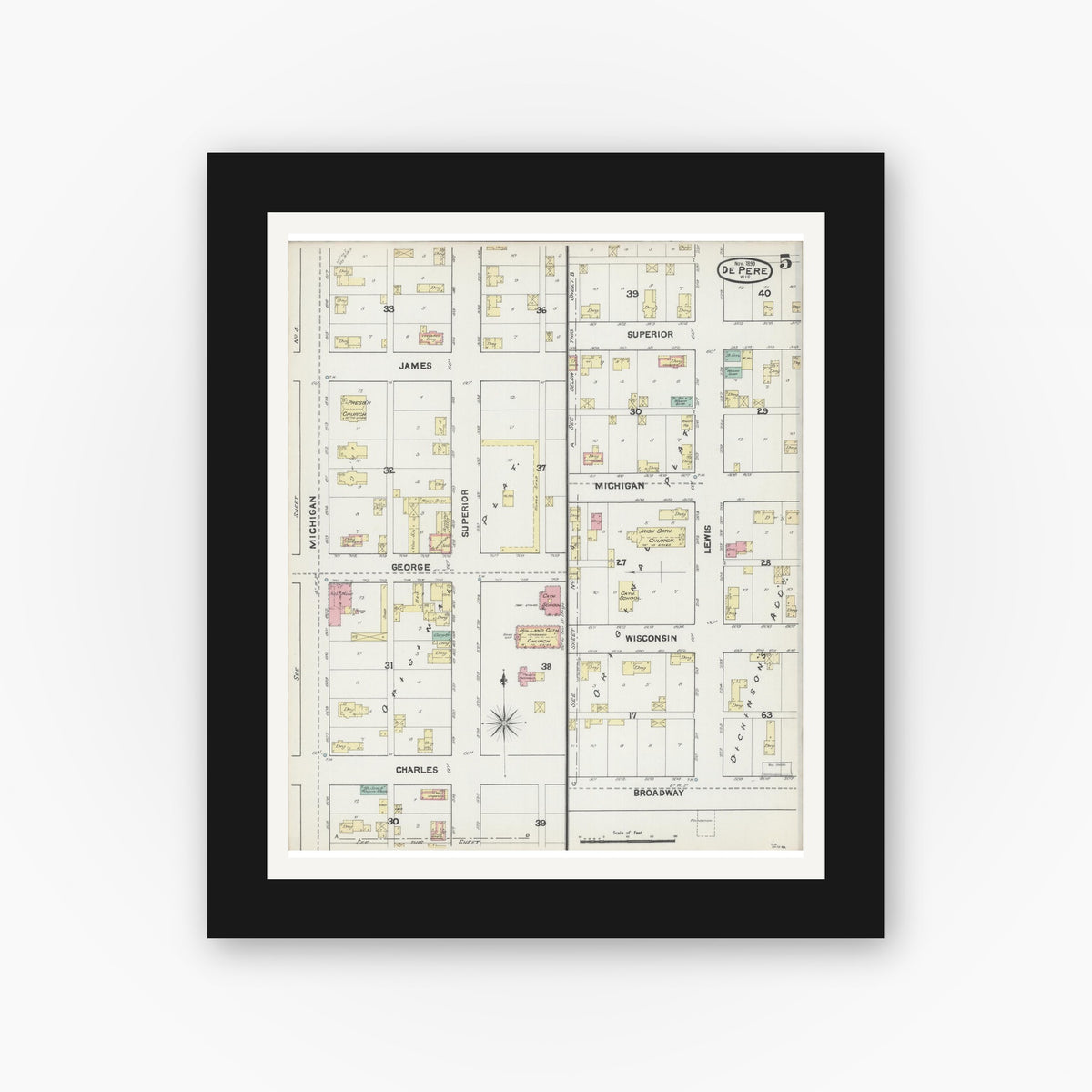 Old map wall art mockup — black gallery frame with white mat — Sanborn Fire Insurance Map from De Pere, Brown County, Wisconsin (1890), Sheet #0005