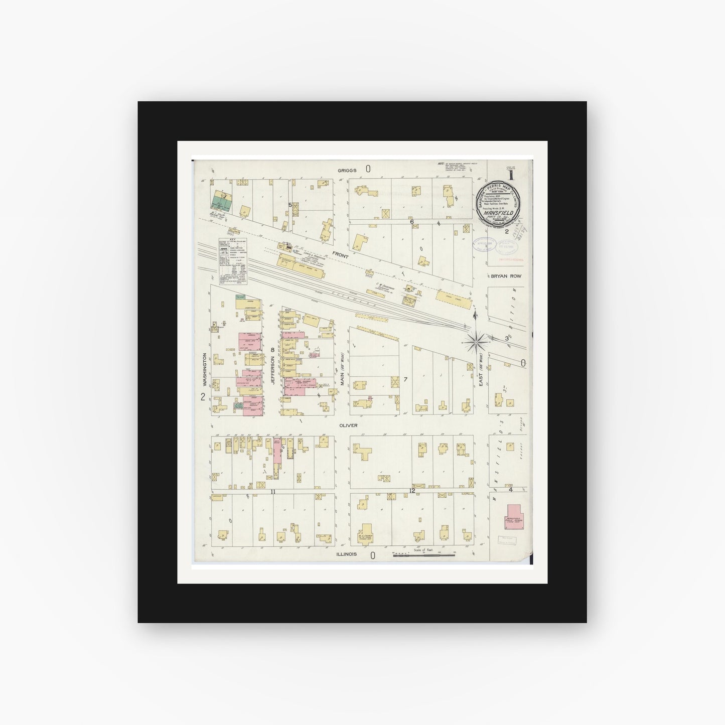 Old map wall art mockup — black gallery frame with white mat — Sanborn Fire Insurance Map from Mansfield, Piatt County, Illinois (1898) - Complete Map Set