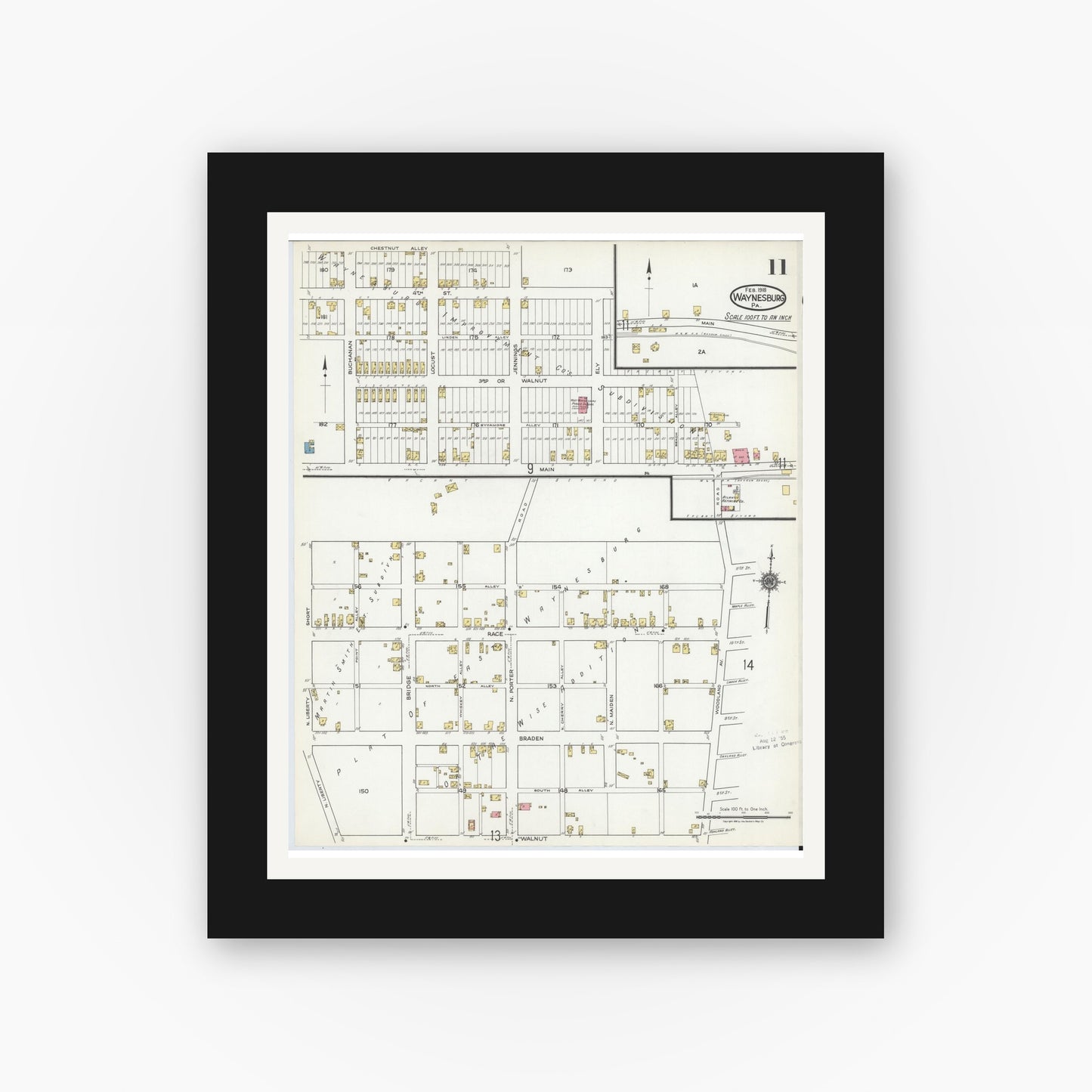 Old map wall art mockup — black gallery frame with white mat — Sanborn Fire Insurance Map from Waynesburg, Greene County, Pennsylvania (1918), Sheet #0011