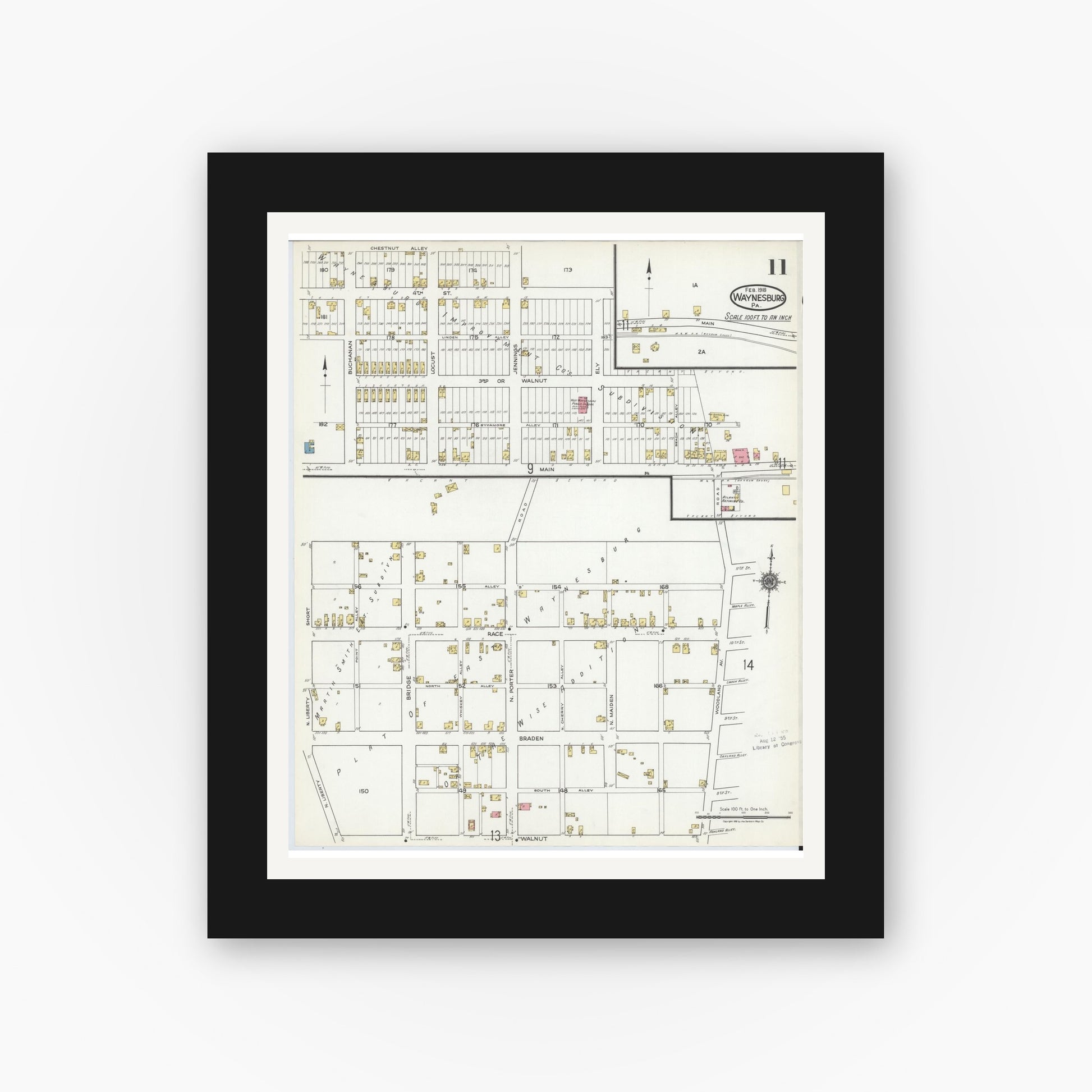 Old map wall art mockup — black gallery frame with white mat — Sanborn Fire Insurance Map from Waynesburg, Greene County, Pennsylvania (1918), Sheet #0011