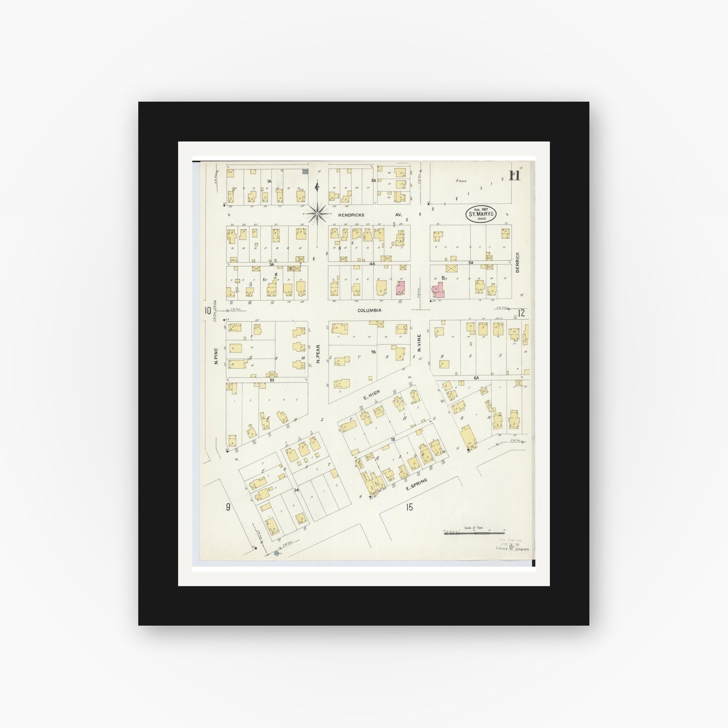 Old map wall art mockup — black gallery frame with white mat — Sanborn Fire Insurance Map from Saint Marys, Auglaize County, Ohio (1907), Sheet #0011