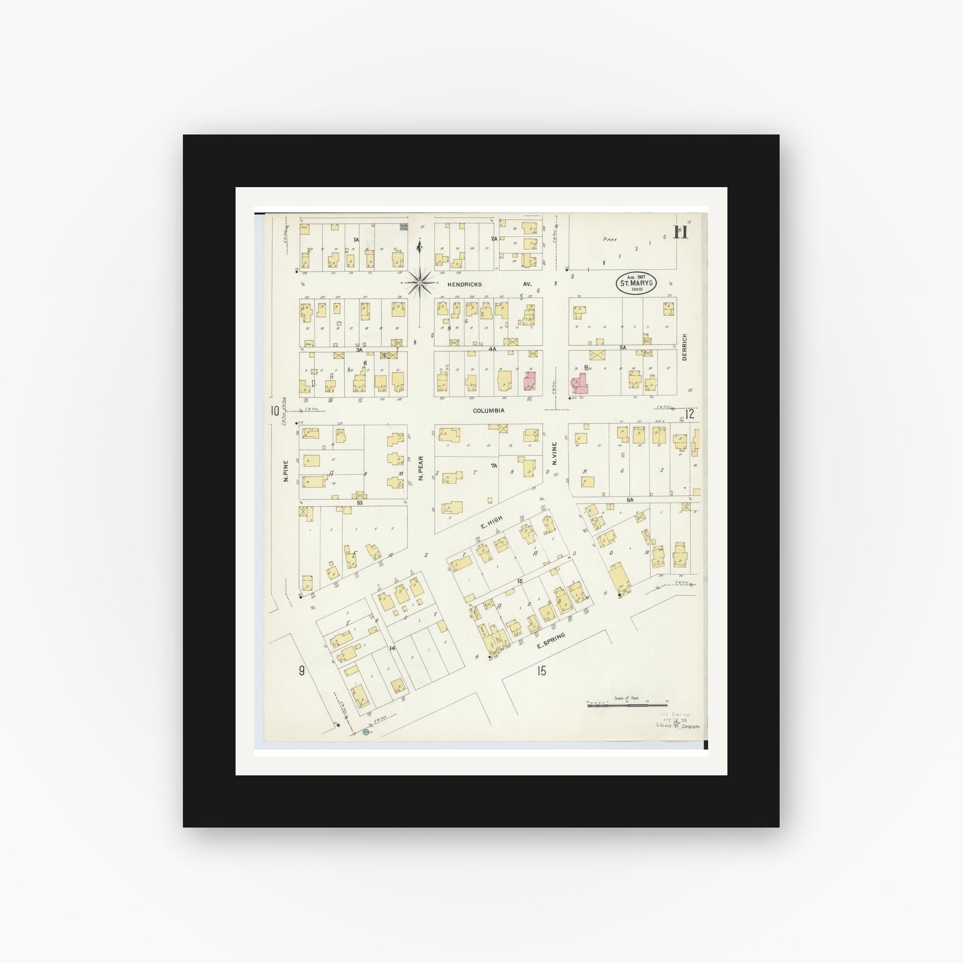 Old map wall art mockup — black gallery frame with white mat — Sanborn Fire Insurance Map from Saint Marys, Auglaize County, Ohio (1907), Sheet #0011