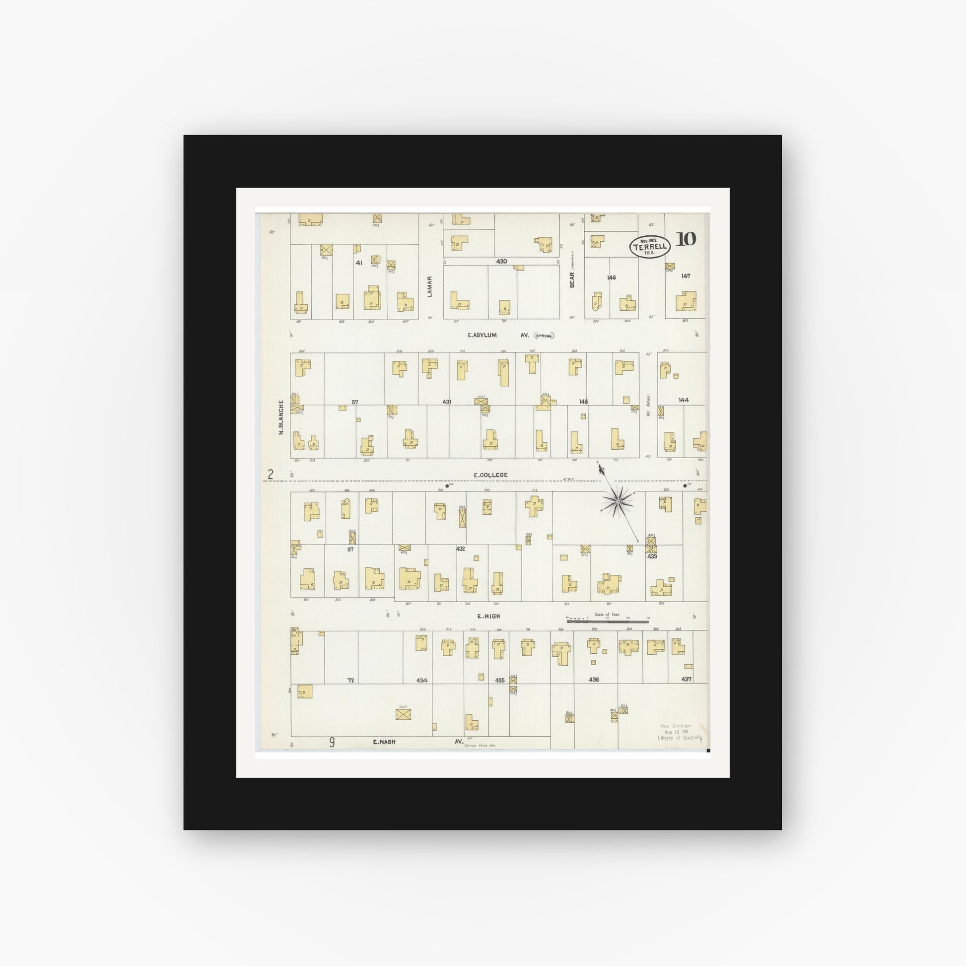 Old map wall art mockup — black gallery frame with white mat — Sanborn Fire Insurance Map from Terrell, Kaufman County, Texas (1902), Sheet #0010