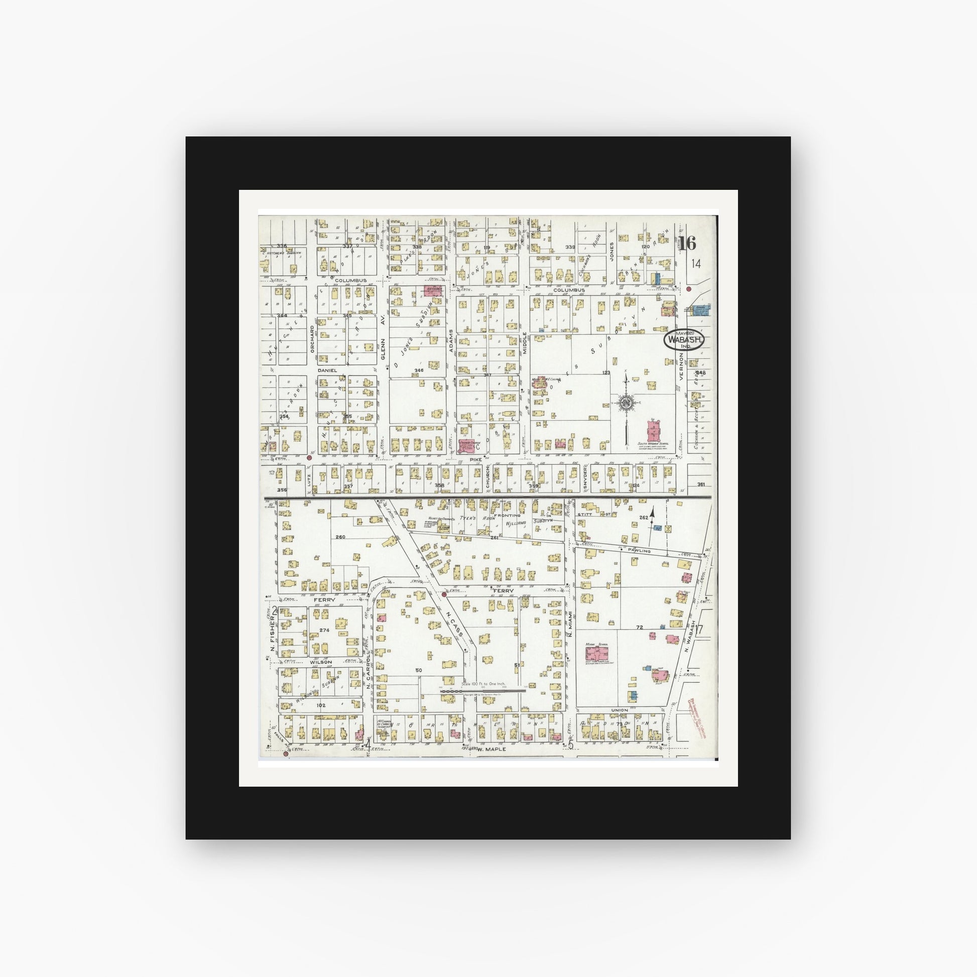 Old map wall art mockup — black gallery frame with white mat — Sanborn Fire Insurance Map from Wabash, Wabash County, Indiana (1920), Sheet #0016