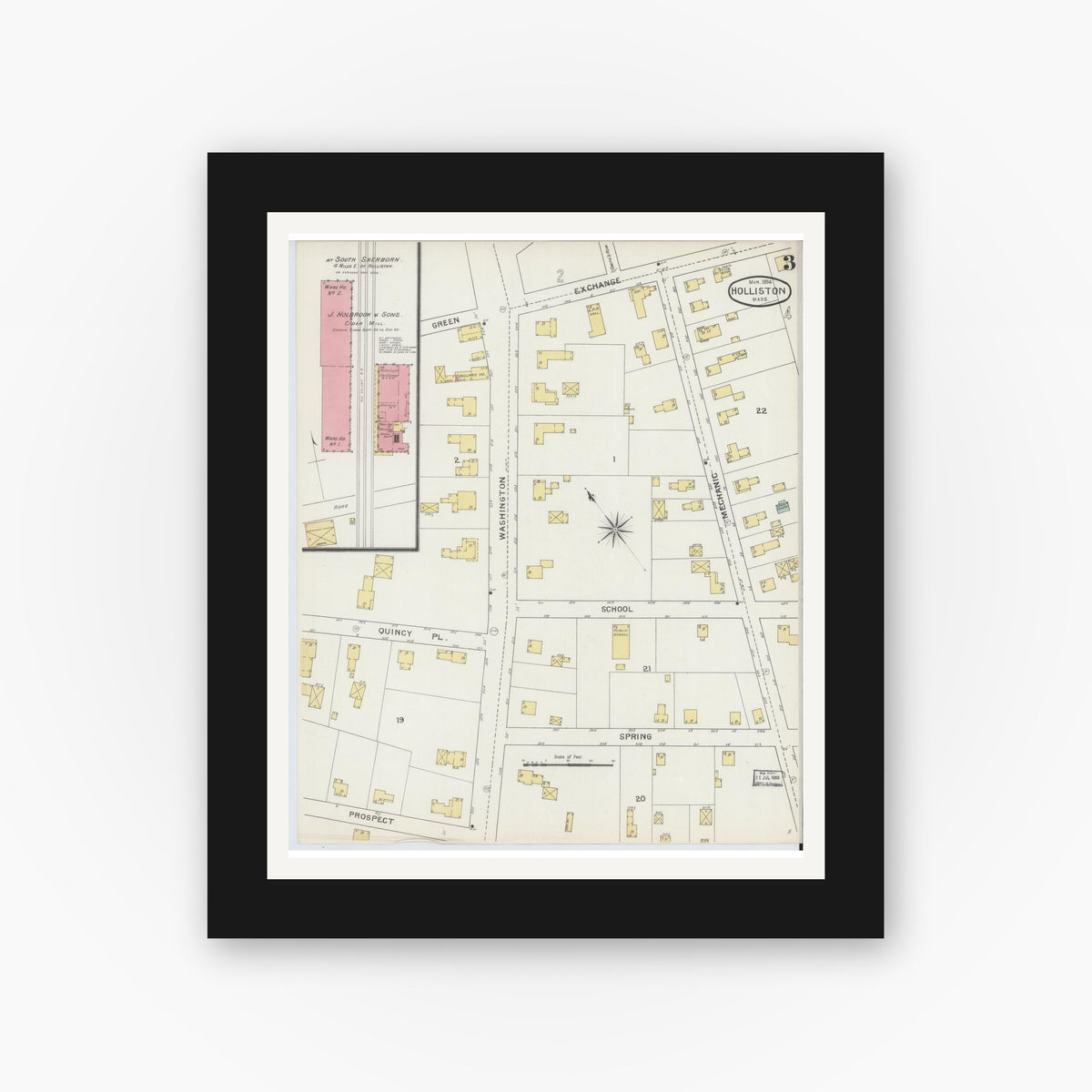 Old map wall art mockup — black gallery frame with white mat — Sanborn Fire Insurance Map from Holliston, Middlesex County, Massachusetts (1894), Sheet #0003