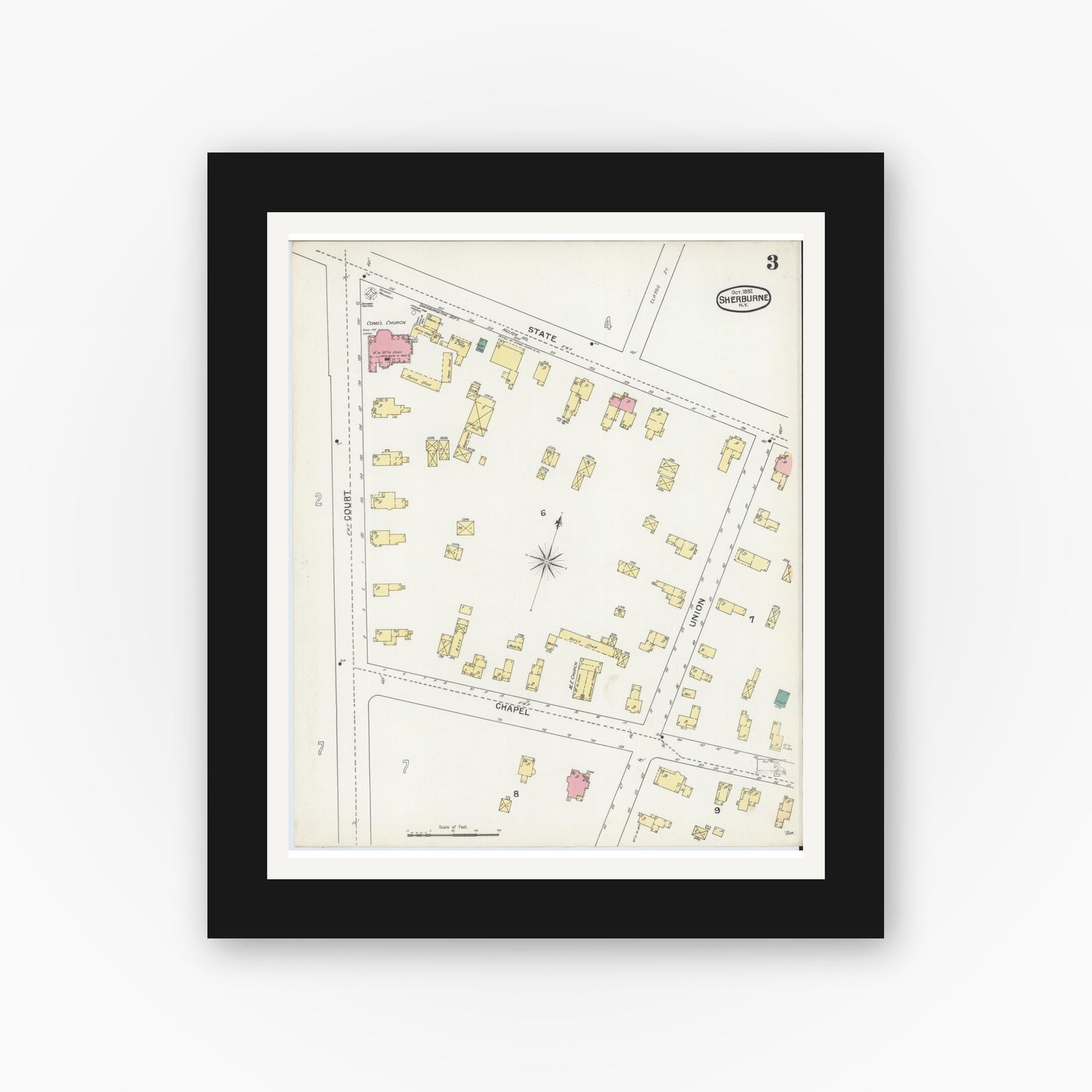 Old map wall art mockup — black gallery frame with white mat — Sanborn Fire Insurance Map from Sherburne, Chenango County, New York (1892), Sheet #0003