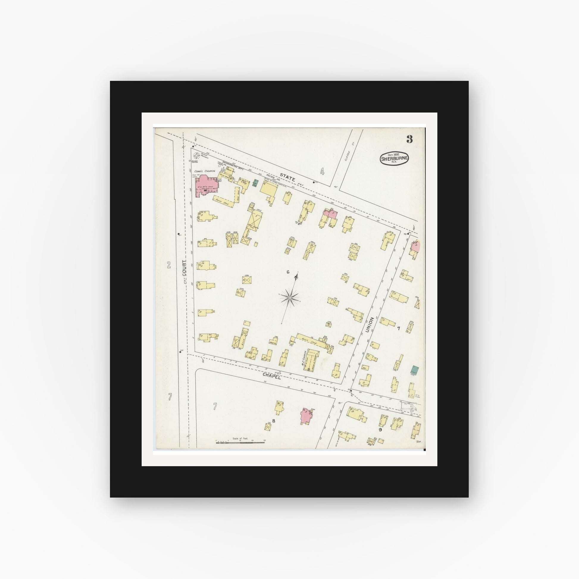 Old map wall art mockup — black gallery frame with white mat — Sanborn Fire Insurance Map from Sherburne, Chenango County, New York (1892), Sheet #0003