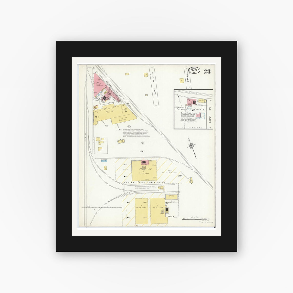 Old map wall art mockup — black gallery frame with white mat — Sanborn Fire Insurance Map from Temple, Bell County, Texas (1915), Sheet #0023