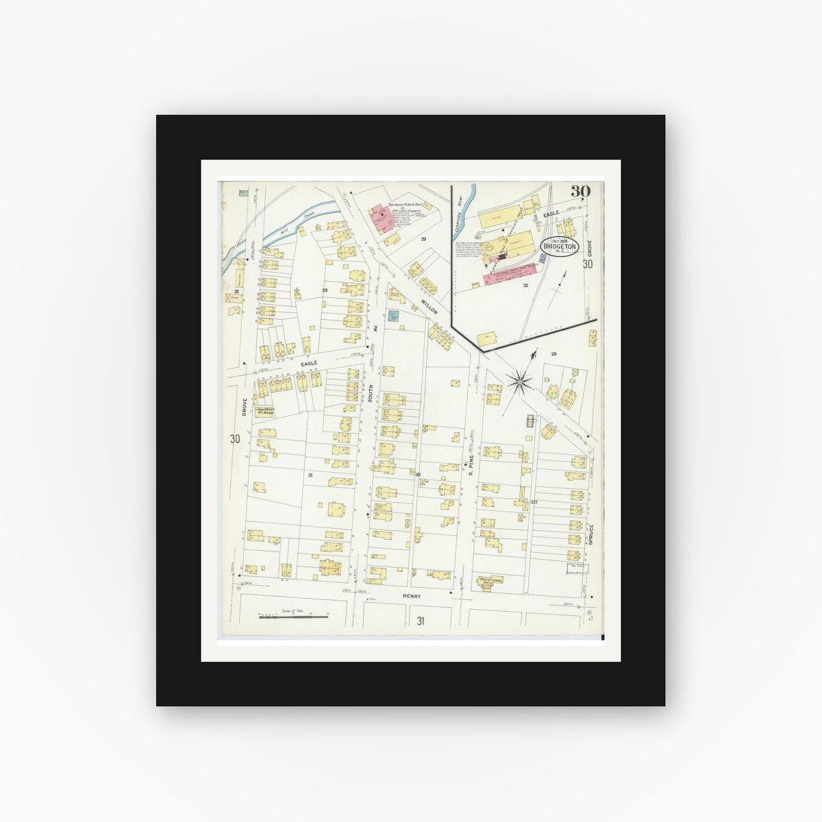 Old map wall art mockup — black gallery frame with white mat — Sanborn Fire Insurance Map from Bridgeton, Cumberland County, New Jersey (1908), Sheet #0030