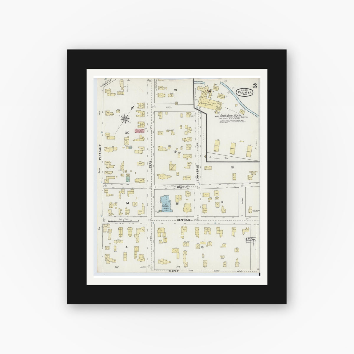 Old map wall art mockup — black gallery frame with white mat — Sanborn Fire Insurance Map from Palmer, Hampden County, Massachusetts (1891), Sheet #0003