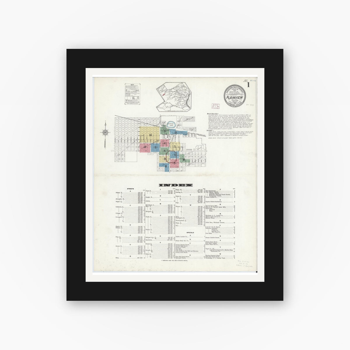 Old map wall art mockup — black gallery frame with white mat — Sanborn Fire Insurance Map from Plainview, Hale County, Texas (1914) - Complete Map Set