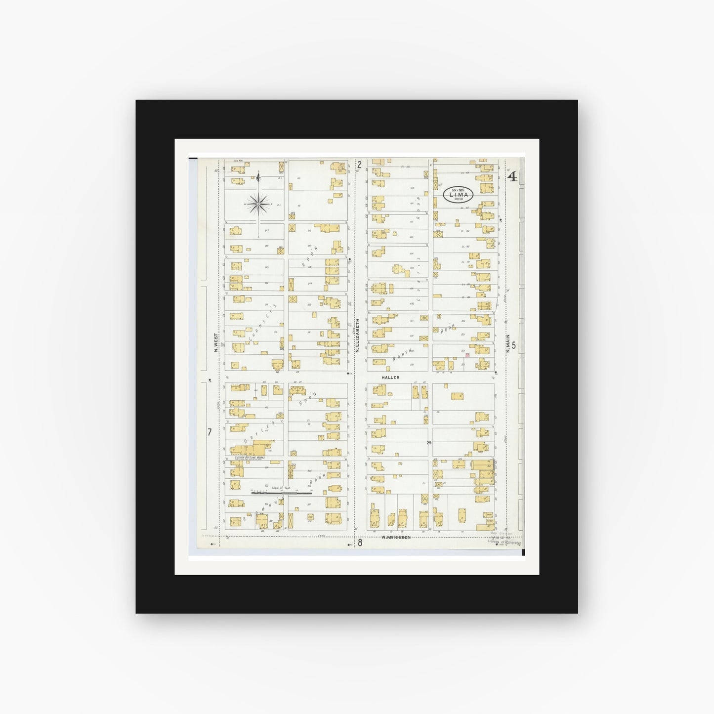 Old map wall art mockup — black gallery frame with white mat — Sanborn Fire Insurance Map from Lima, Allen County, Ohio (1905), Sheet #0004