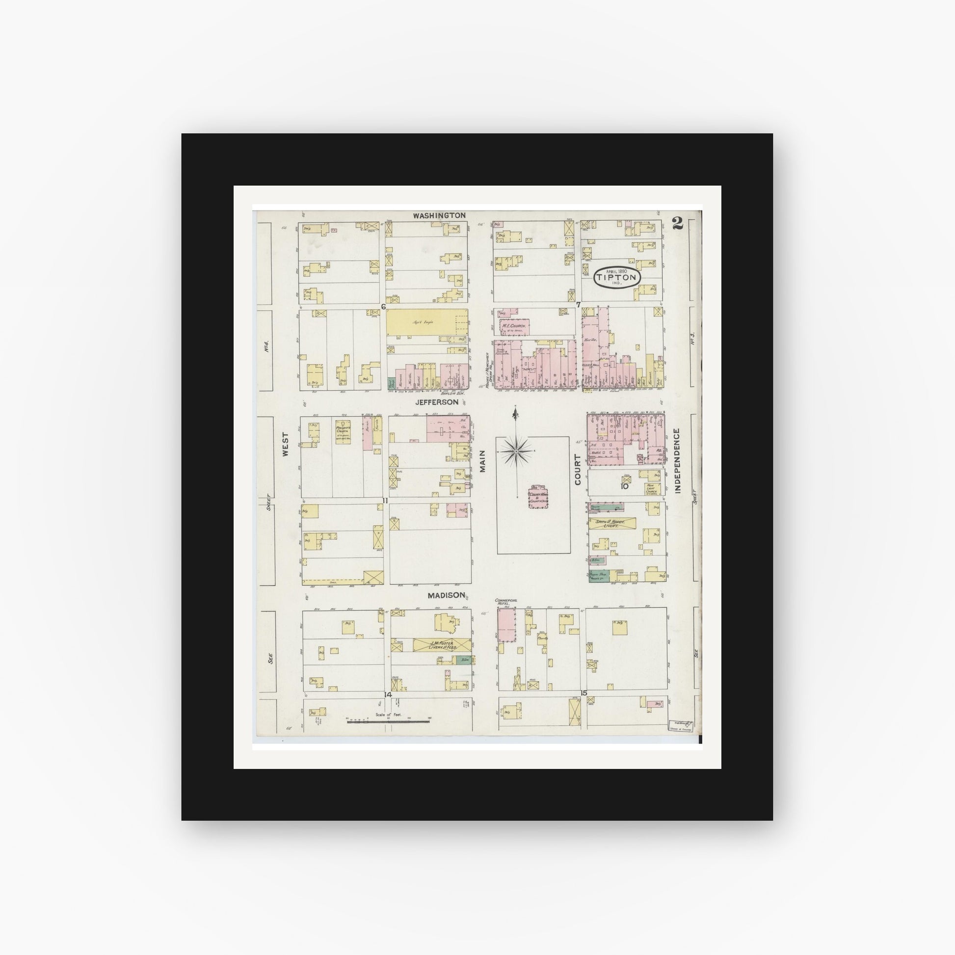 Old map wall art mockup — black gallery frame with white mat — Sanborn Fire Insurance Map from Tipton, Tipton County, Indiana (1890), Sheet #0002