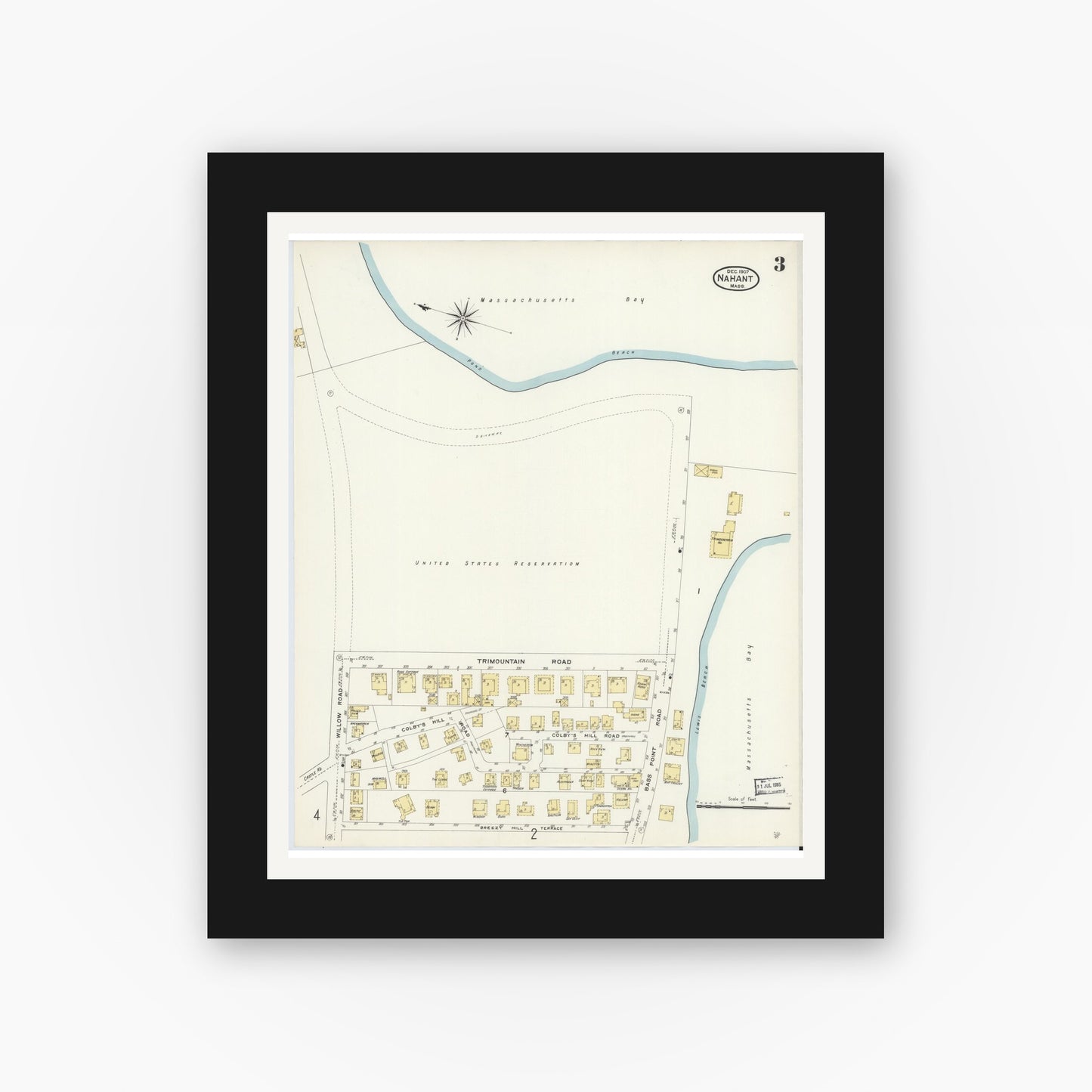 Old map wall art mockup — black gallery frame with white mat — Sanborn Fire Insurance Map from Nahant, Essex County, Massachusetts (1907), Sheet #0003