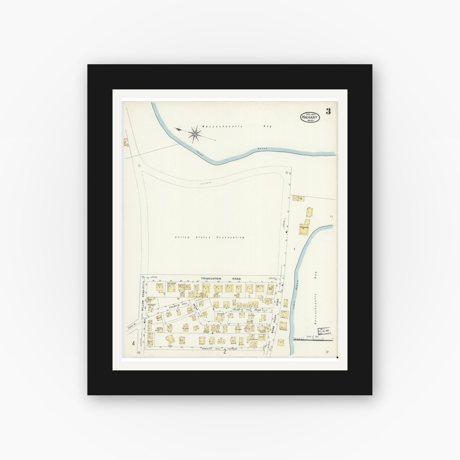 Old map wall art mockup — black gallery frame with white mat — Sanborn Fire Insurance Map from Nahant, Essex County, Massachusetts (1907), Sheet #0003