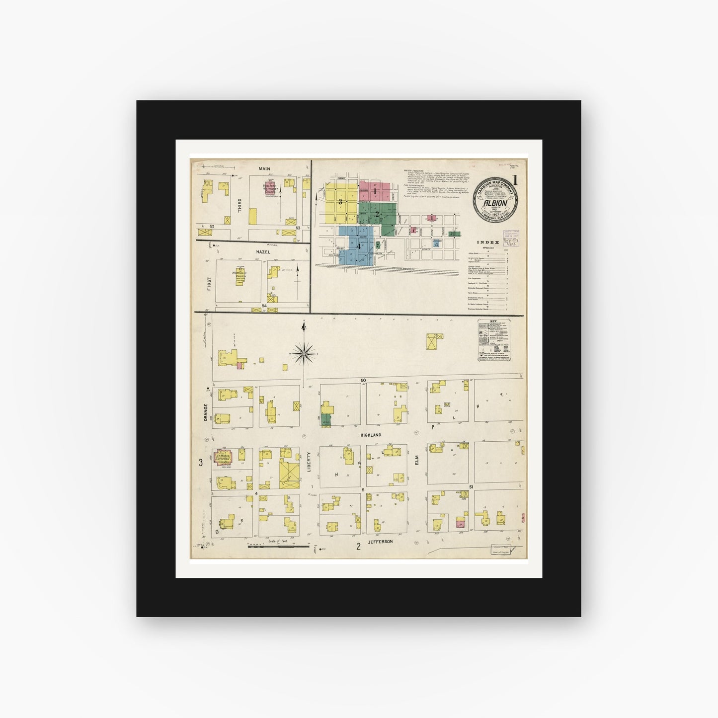 Old map wall art mockup — black gallery frame with white mat — Sanborn Fire Insurance Map from Albion, Noble County, Indiana (1907), Sheet #0001