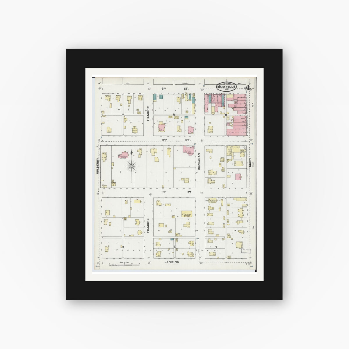 Old map wall art mockup — black gallery frame with white mat — Sanborn Fire Insurance Map from Maryville, Nodaway County, Missouri (1891), Sheet #0004