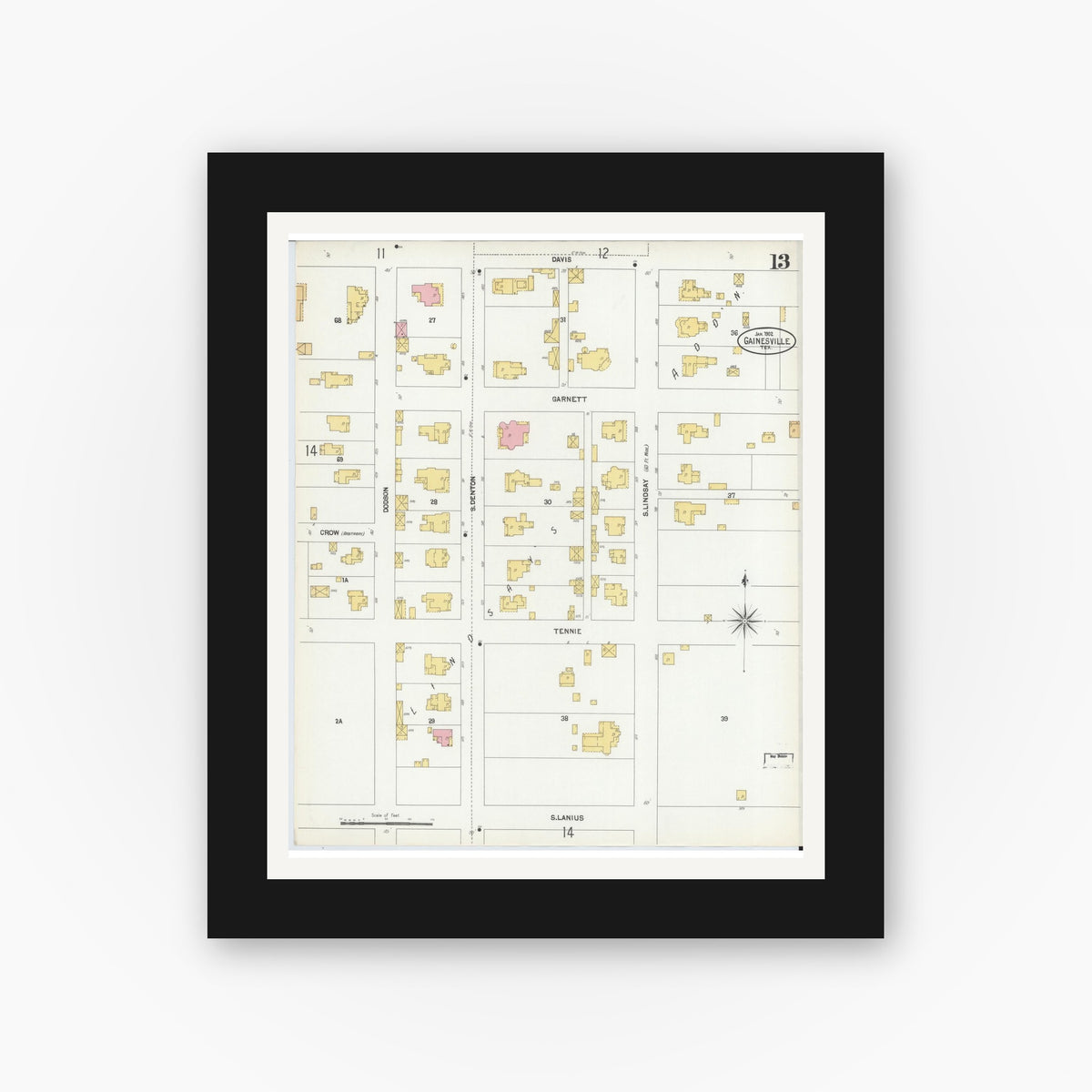 Old map wall art mockup — black gallery frame with white mat — Sanborn Fire Insurance Map from Gainesville, Cooke County, Texas (1902), Sheet #0013