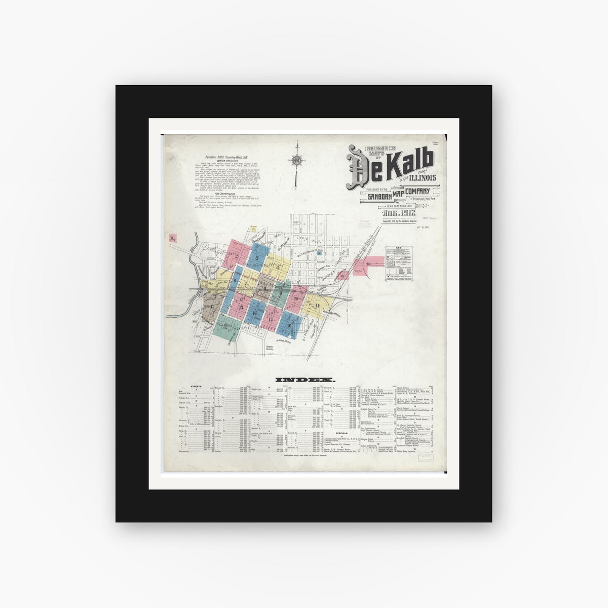 Old map wall art mockup — black gallery frame with white mat — Sanborn Fire Insurance Map from De Kalb, De Kalb County, Illinois (1912) - Complete Map Set
