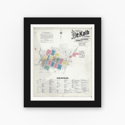 Old map wall art mockup — black gallery frame with white mat — Sanborn Fire Insurance Map from De Kalb, De Kalb County, Illinois (1912) - Complete Map Set