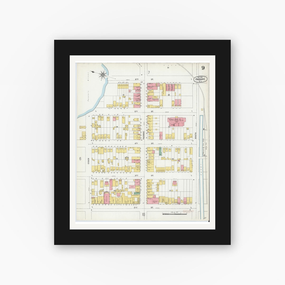 Old map wall art mockup — black gallery frame with white mat — Sanborn Fire Insurance Map from Passaic, Passaic County, New Jersey (1903), Sheet #0009