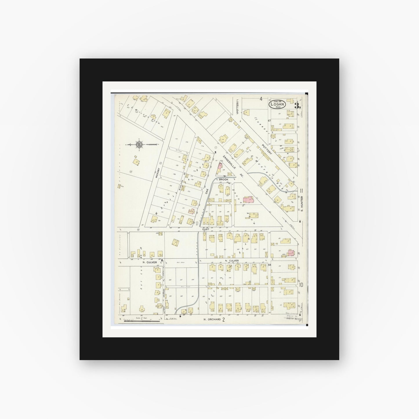 Old map wall art mockup — black gallery frame with white mat — Sanborn Fire Insurance Map from Logan, Hocking County, Ohio (1914), Sheet #0003
