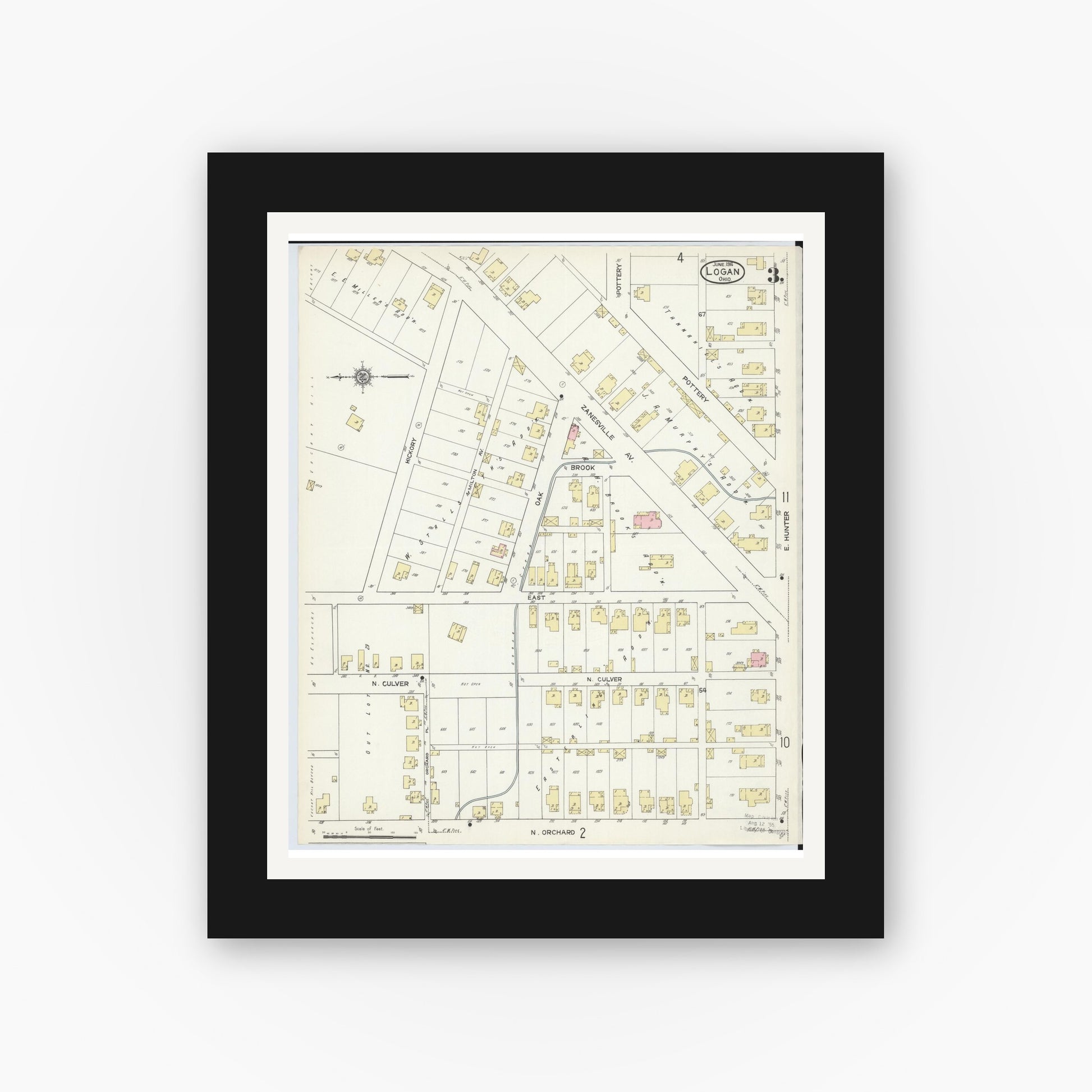 Old map wall art mockup — black gallery frame with white mat — Sanborn Fire Insurance Map from Logan, Hocking County, Ohio (1914), Sheet #0003