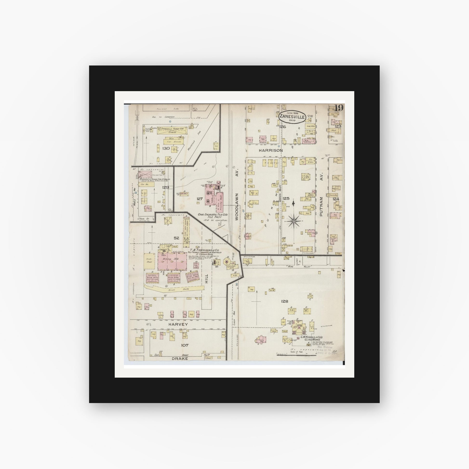 Old map wall art mockup — black gallery frame with white mat — Sanborn Fire Insurance Map from Zanesville, Muskingum County, Ohio (1886), Sheet #0019