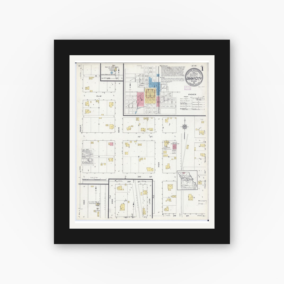 Old map wall art mockup — black gallery frame with white mat — Sanborn Fire Insurance Map from Grant City, Worth County, Missouri (1916) - Complete Map Set