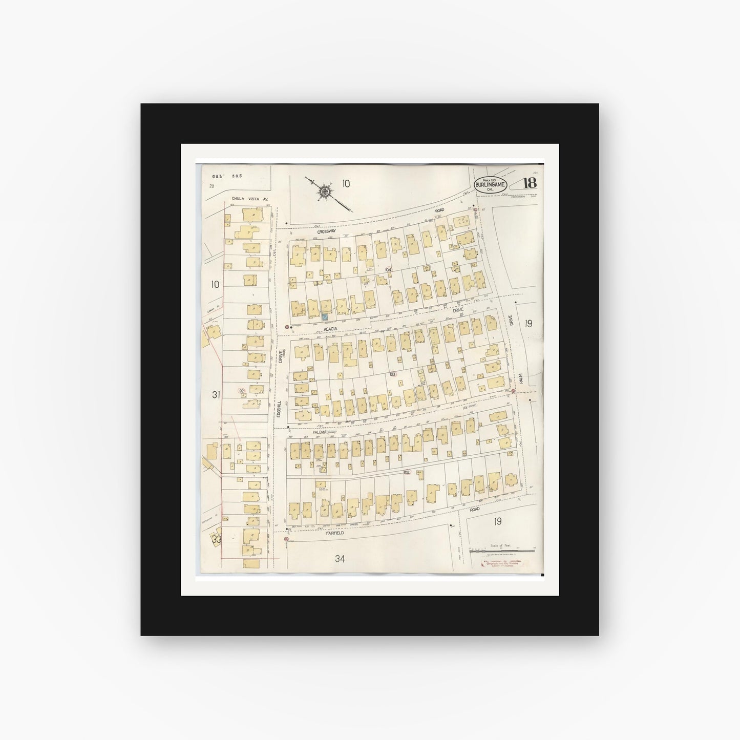 Old map wall art mockup — black gallery frame with white mat — Sanborn Fire Insurance Map from Burlingame, San Mateo County, California (1949), Sheet #0018