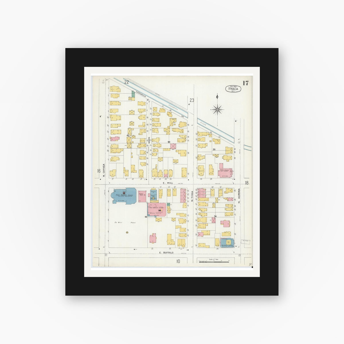Old map wall art mockup — black gallery frame with white mat — Sanborn Fire Insurance Map from Ithaca, Tompkins County, New York (1904), Sheet #0017