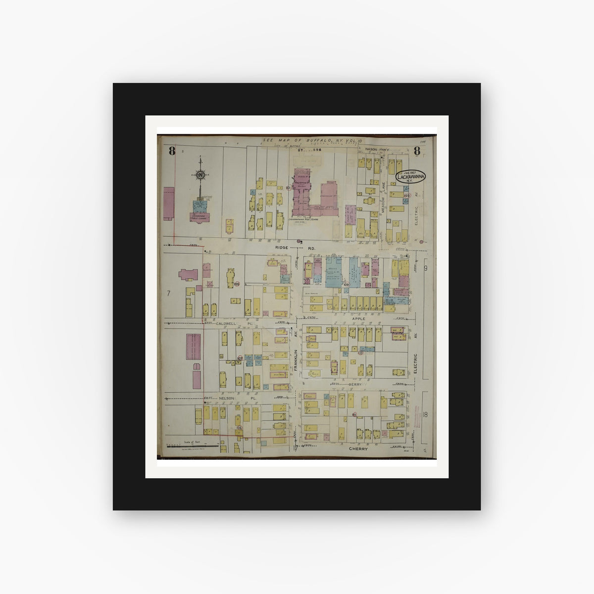 Old map wall art mockup — black gallery frame with white mat — Sanborn Fire Insurance Map from Lackawanna, Erie County, New York (1950), Sheet #0008