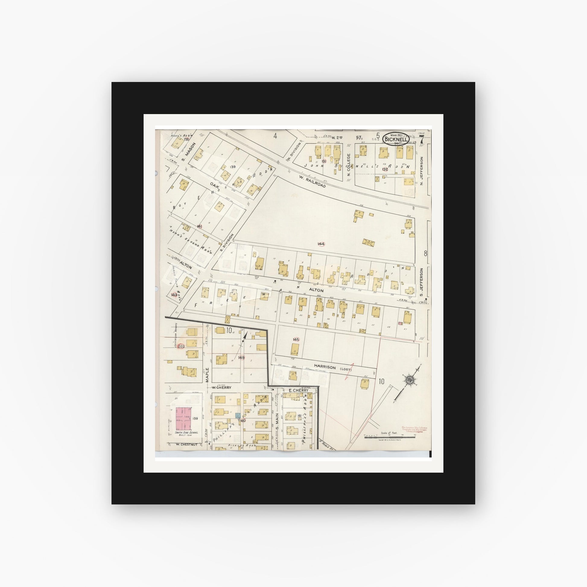 Old map wall art mockup — black gallery frame with white mat — Sanborn Fire Insurance Map from Bicknell, Knox County, Indiana (1946), Sheet #0007