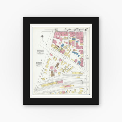 Old map wall art mockup — black gallery frame with white mat — Sanborn Fire Insurance Map from Batavia, Genesee County, New York (1919), Sheet #0009