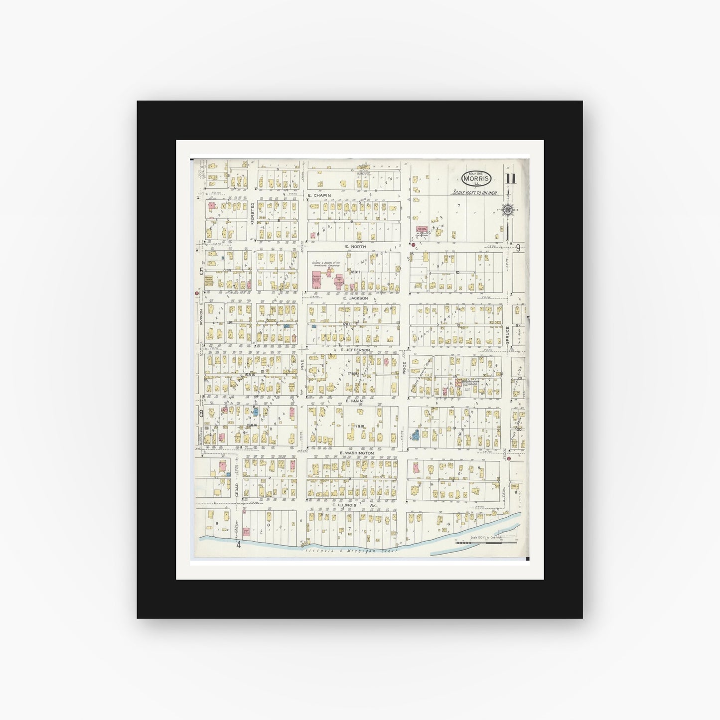 Old map wall art mockup — black gallery frame with white mat — Sanborn Fire Insurance Map from Morris, Grundy County, Illinois (1916), Sheet #0011