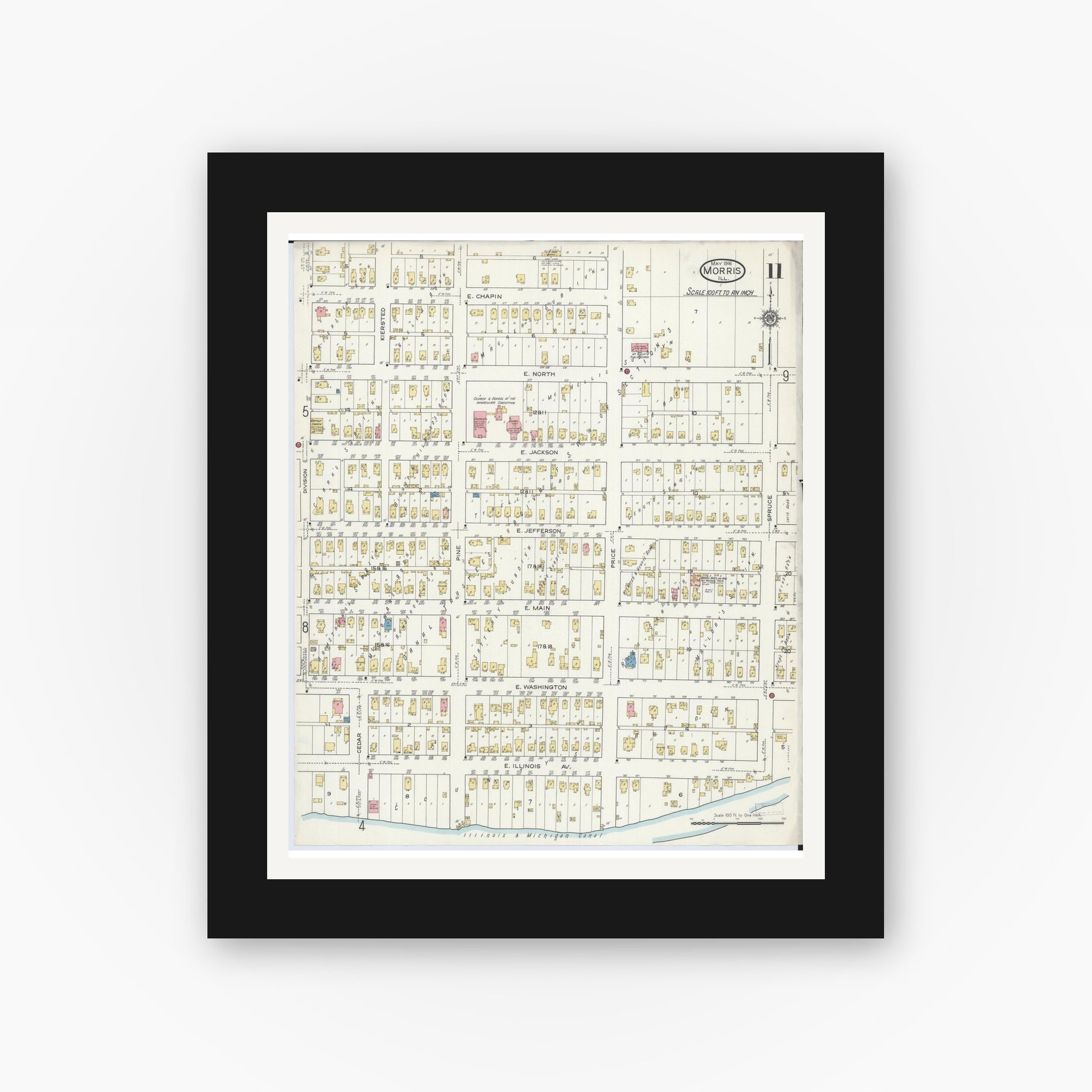 Old map wall art mockup — black gallery frame with white mat — Sanborn Fire Insurance Map from Morris, Grundy County, Illinois (1916), Sheet #0011