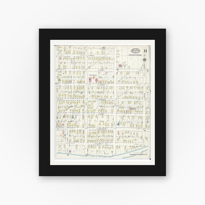 Old map wall art mockup — black gallery frame with white mat — Sanborn Fire Insurance Map from Morris, Grundy County, Illinois (1916), Sheet #0011