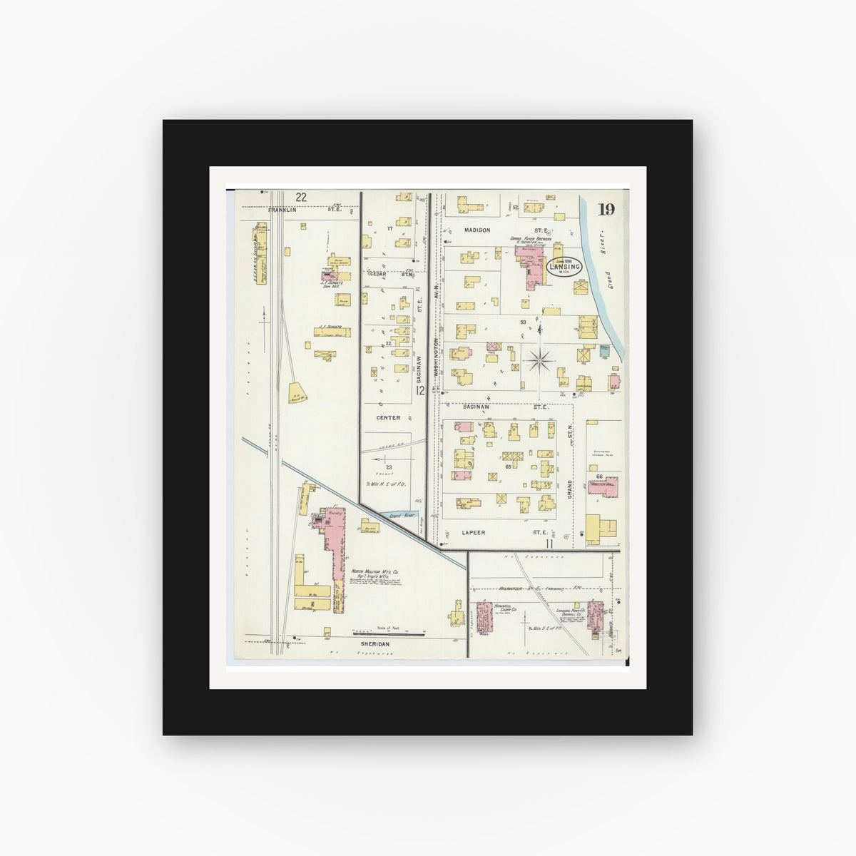 Old map wall art mockup — black gallery frame with white mat — Sanborn Fire Insurance Map from Lansing, Ingham County, Michigan (1898), Sheet #0019