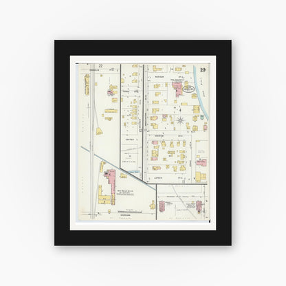 Old map wall art mockup — black gallery frame with white mat — Sanborn Fire Insurance Map from Lansing, Ingham County, Michigan (1898), Sheet #0019