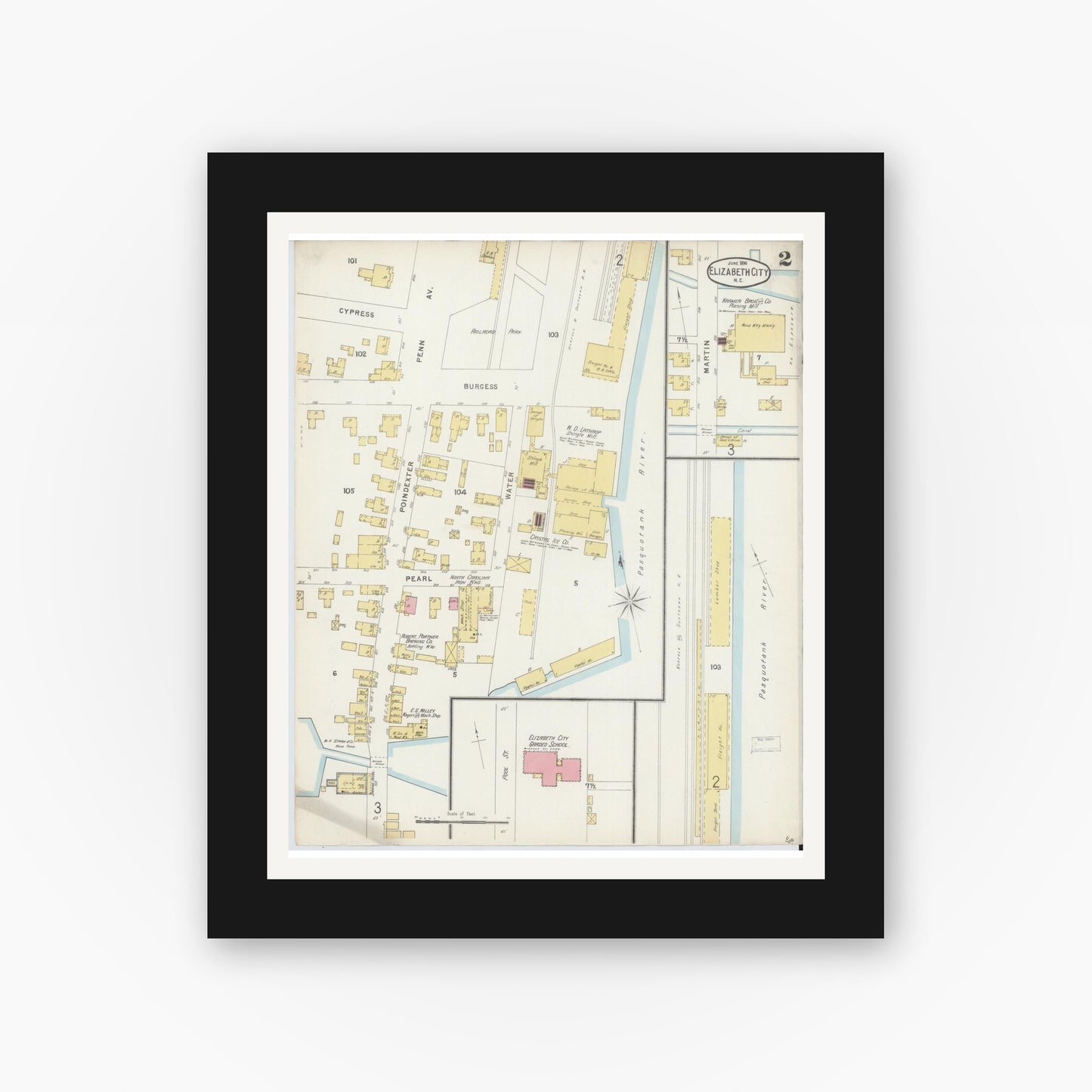 Old map wall art mockup — black gallery frame with white mat — Sanborn Fire Insurance Map from Elizabeth City, Pasquotank County, North Carolina (1896), Sheet #0002