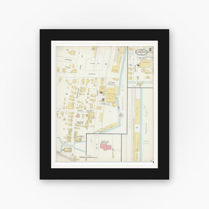 Old map wall art mockup — black gallery frame with white mat — Sanborn Fire Insurance Map from Elizabeth City, Pasquotank County, North Carolina (1896), Sheet #0002