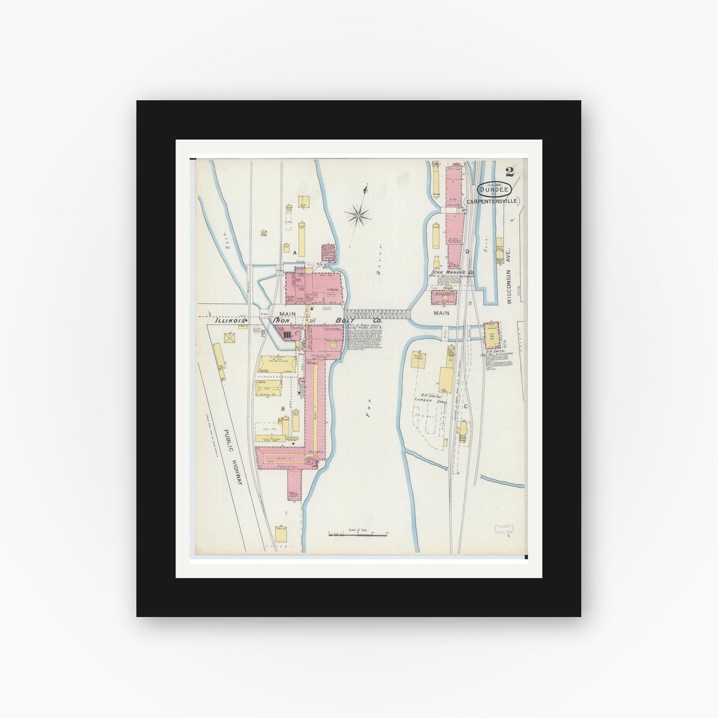 Old map wall art mockup — black gallery frame with white mat — Sanborn Fire Insurance Map from Dundee, Kane County, Illinois (1893), Sheet #0002