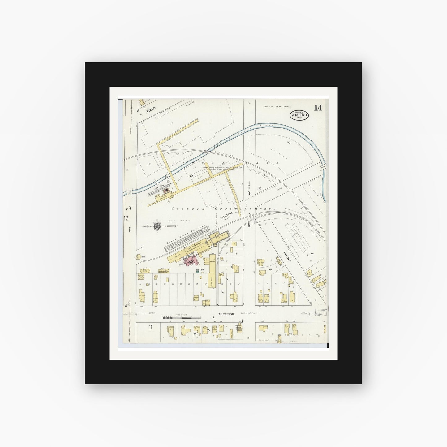 Old map wall art mockup — black gallery frame with white mat — Sanborn Fire Insurance Map from Antigo, Langlade County, Wisconsin (1909), Sheet #0014