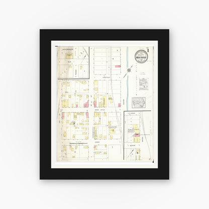 Old map wall art mockup — black gallery frame with white mat — Sanborn Fire Insurance Map from Montrose, Lee County, Iowa (1913) â€” Complete Set