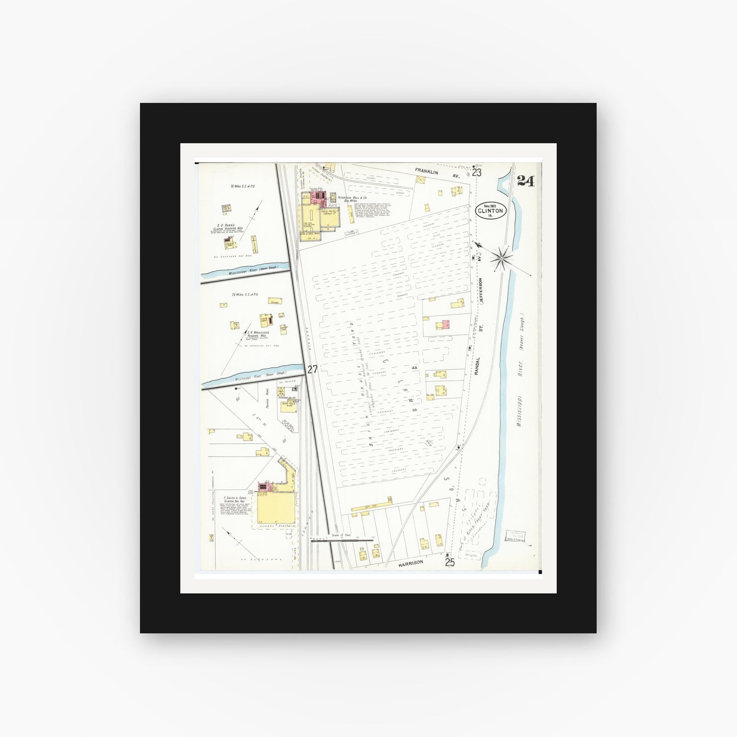 Old map wall art mockup — black gallery frame with white mat — Sanborn Fire Insurance Map from Clinton, Clinton County, Iowa (1902), Sheet #0024