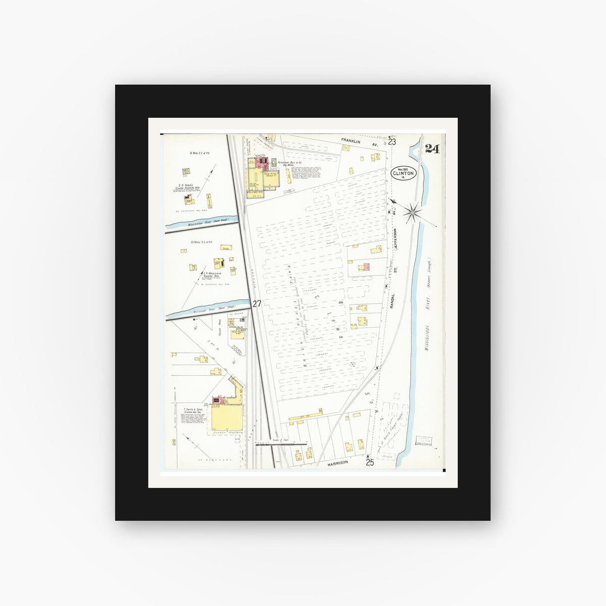 Old map wall art mockup — black gallery frame with white mat — Sanborn Fire Insurance Map from Clinton, Clinton County, Iowa (1902), Sheet #0024