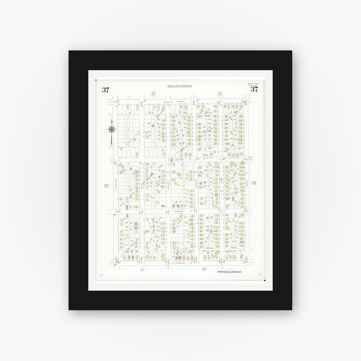 Old map wall art mockup — black gallery frame with white mat — Sanborn Fire Insurance Map from Beloit, Rock County, Wisconsin (1939), Sheet #0037