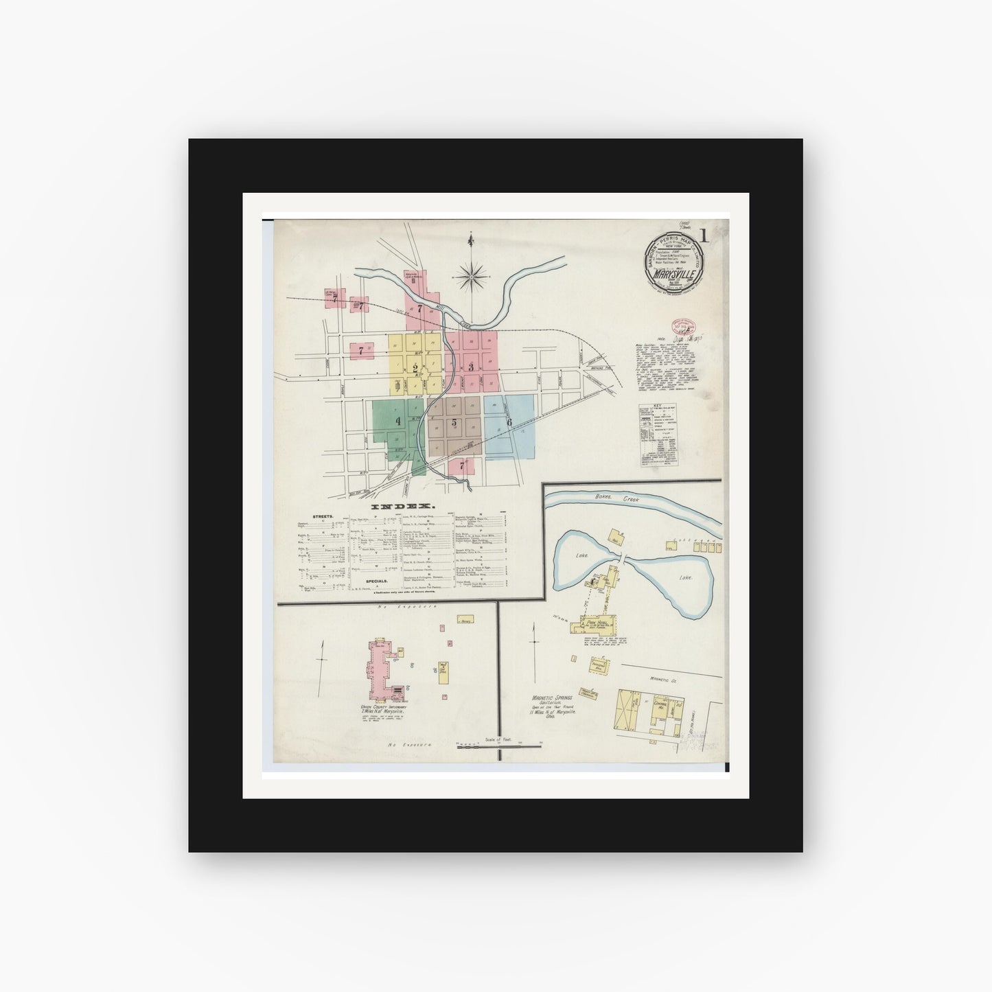 Old map wall art mockup — black gallery frame with white mat — Sanborn Fire Insurance Map from Marysville, Union County, Ohio (1895), Sheet #0001