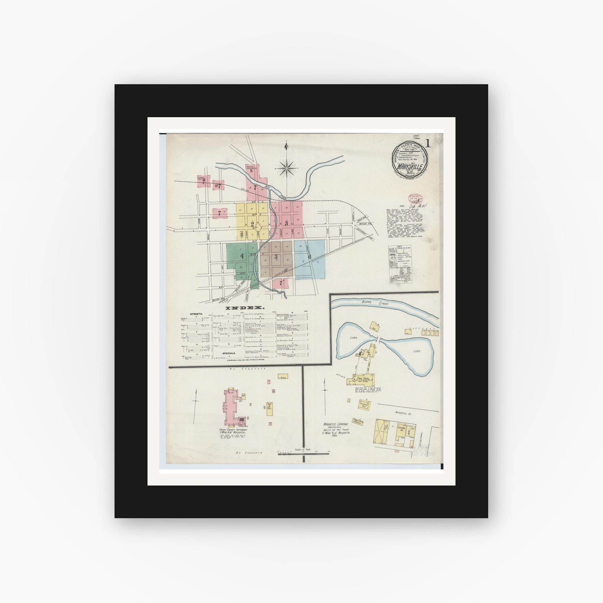 Old map wall art mockup — black gallery frame with white mat — Sanborn Fire Insurance Map from Marysville, Union County, Ohio (1895), Sheet #0001
